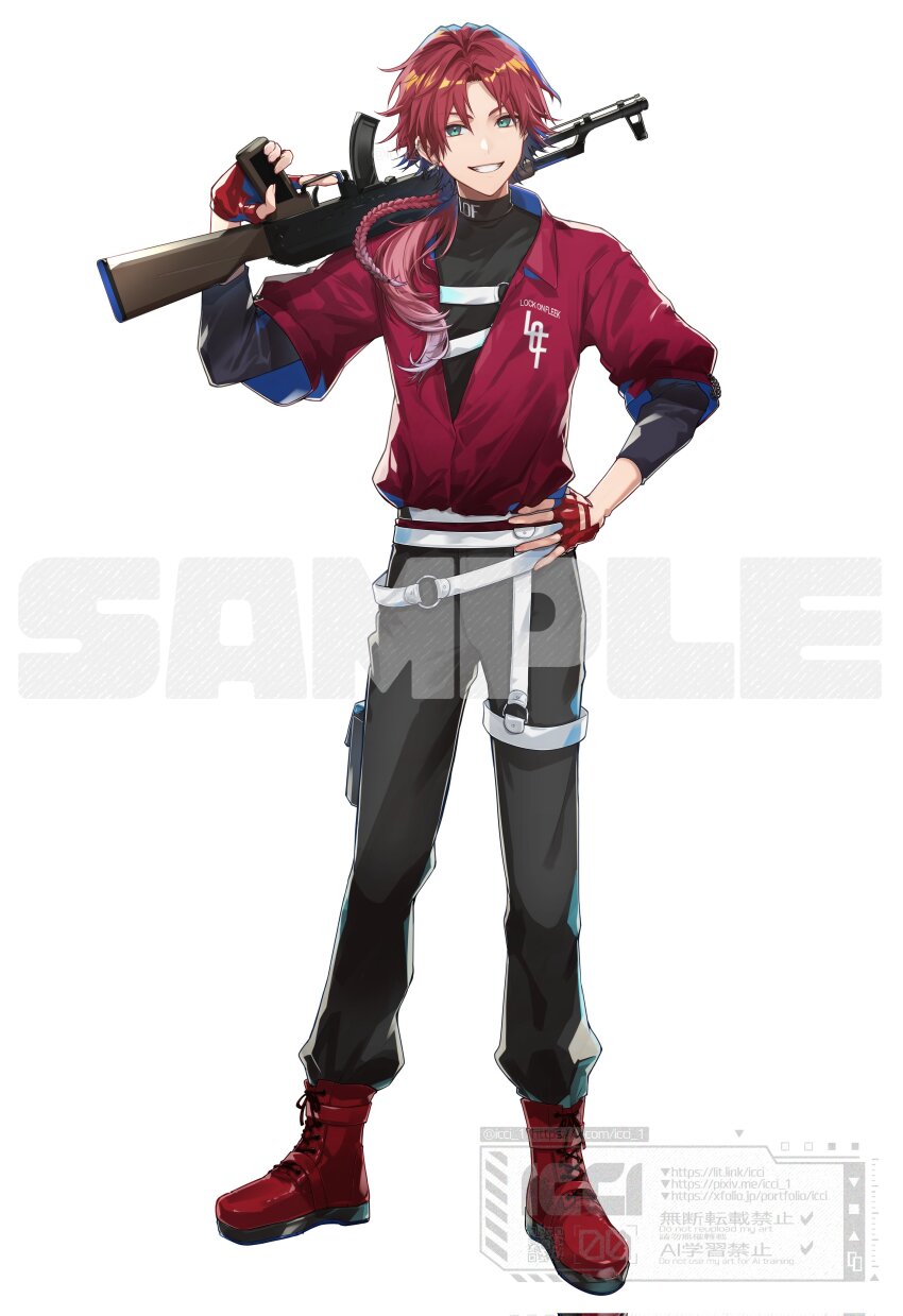 1boy, absurdres, belt, black_pants, black_shirt, boots, braid, commentary