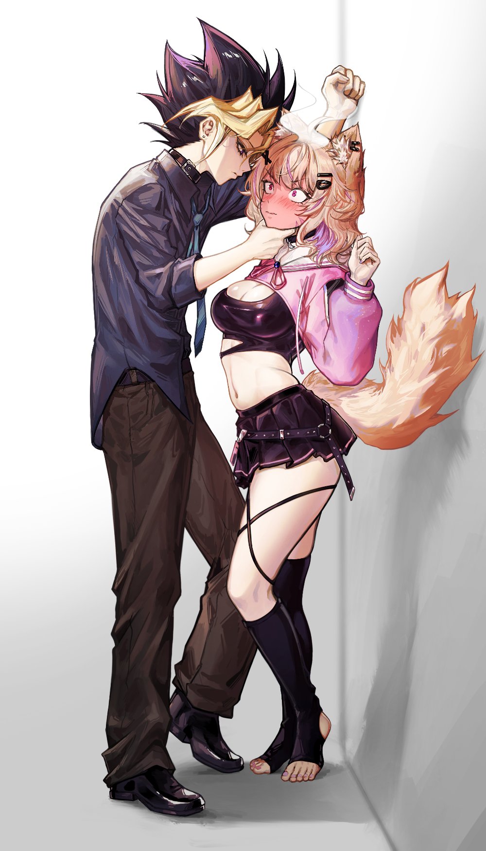 1boy, 1girl, ahoge, animal_ear_fluff, animal_ears, black_hair, black_shirt, blonde_hair, blonde_streaks, blush, breasts, cat_ears, cat_girl, cat_tail, collar, colored_bangs, colored_inner_hair, commentary, crop_top, deka_yo, english_commentary, facial_mark, full-face_blush, highres, indie_virtual_youtuber, medium_breasts, multicolored_hair, muto_yugi, navel, necktie, peacock_hair, pleated_skirt, purple_eyes, red_eyes, second-party_source, shirt, shrug_(clothing), shyrei_faolan, single_thighhigh, skirt, spiked_hair, stirrup_legwear, tail, thighhighs, toeless_legwear, virtual_youtuber, whisker_markings, white_background, yu-gi-oh!