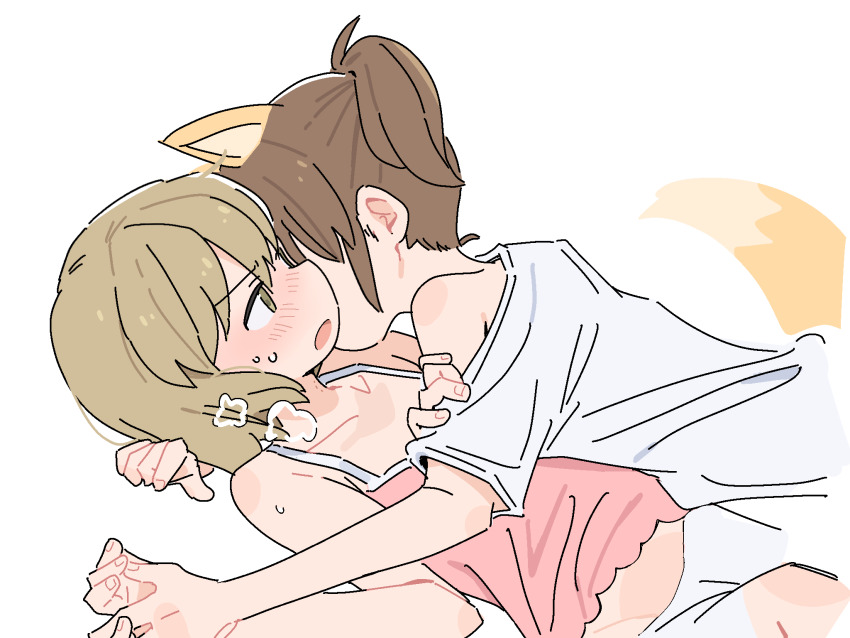 2girls, animal_ears, bite_mark, bite_mark_on_neck, blush, brown_hair, camisole, city_(arawi_keiichi)