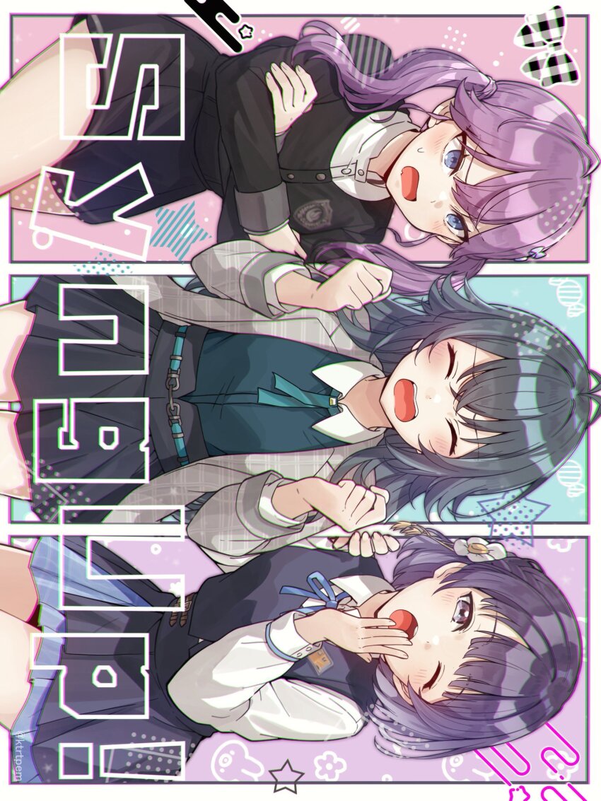 3girls, ahoge, black_jacket, black_skirt, blue_eyes, blue_ribbon, blue_skirt, blue_vest