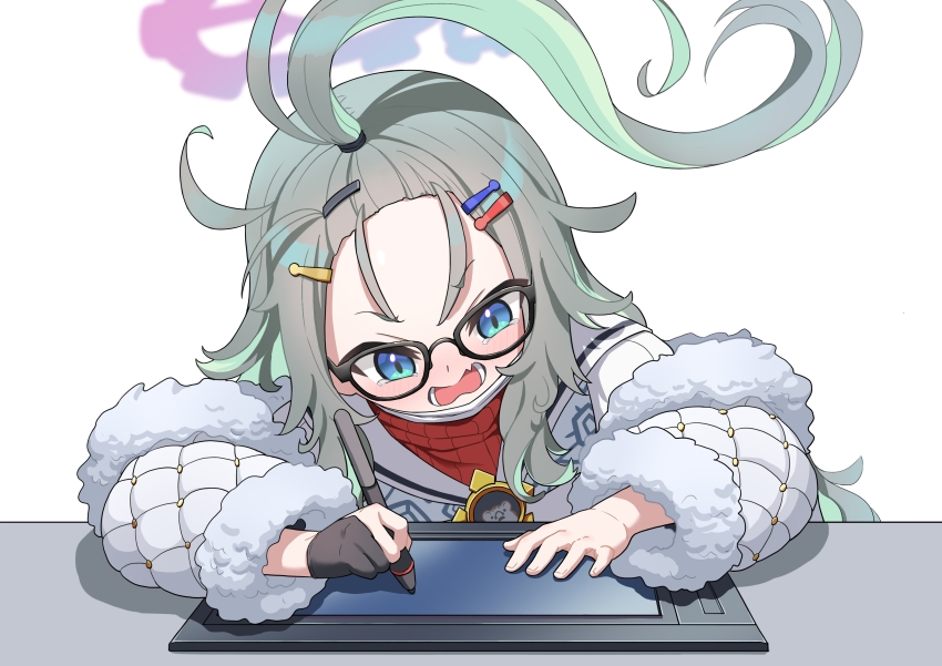 1girl, absurdres, ahoge, aila_zuiaini, artist_glove, bangs_pinned_back, black-framed_eyewear, black_gloves