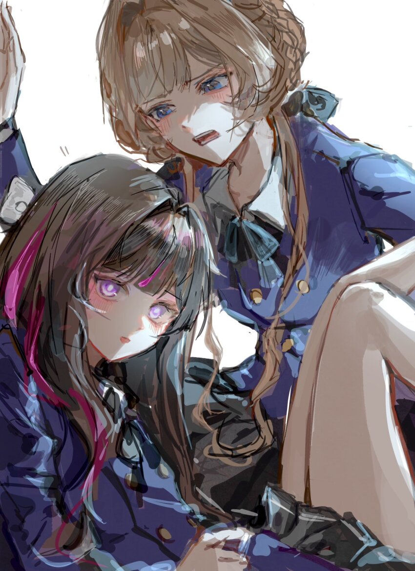 2girls, alternate_costume, black_bow, black_hair, blue_eyes, blush, bow, bright_pupils