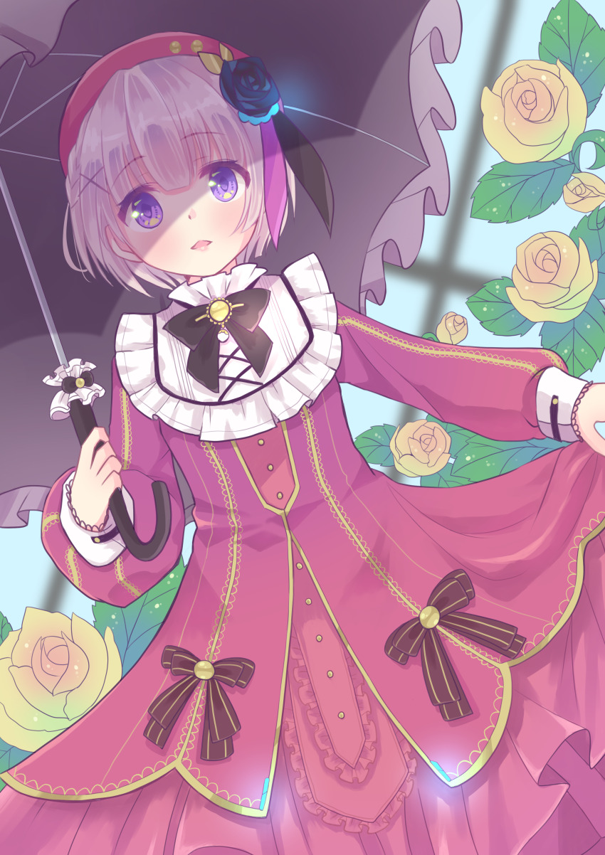 1girl, absurdres, black_bow, black_bowtie, black_flower, black_rose, black_umbrella, blunt_bangs