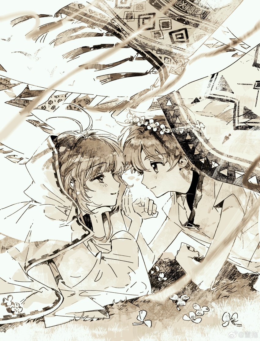 1boy, 1girl, absurdres, antenna_hair, ateveryone, chinese_commentary, cloak, closed_mouth