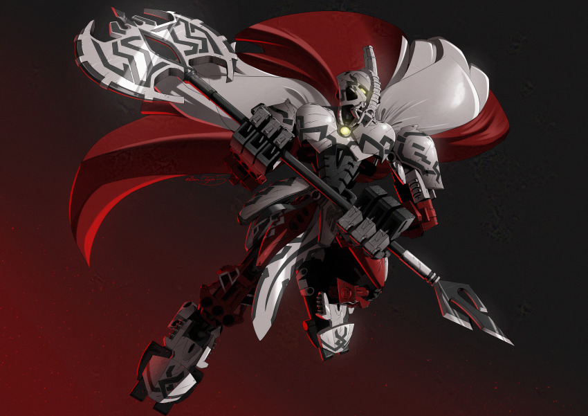 absurdres, axe, axonn_(bionicle), bionicle, burns5, cape, commission, double-sided_axe, fire_emblem, fire_emblem_heroes, full_body, glowing, glowing_eyes, gradient_background, highres, holding, holding_axe, humanoid_robot, looking_ahead, nintendo, red_cape, robot, science_fiction, the_lego_group, yellow_eyes