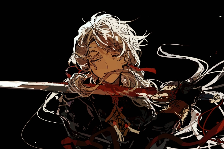 1boy, ateveryone, black_background, black_gloves, black_jacket, blade_(honkai:_star_rail), blade_to_throat, blood