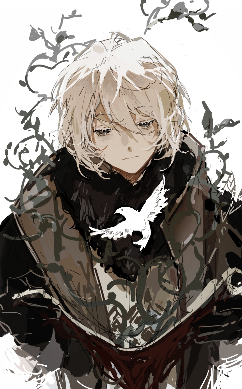 1boy, ateveryone, bags_under_eyes, bird, black_eyes, black_gloves, black_scarf, book, brown_coat, chinese_commentary, closed_mouth, coat, colored_eyelashes, commentary, expressionless, facing_viewer, gloves, highres, holding, holding_book, looking_at_animal, male_focus, open_book, plant, reverse:1999, scarf, shirt, short_hair, simple_background, solo, straight-on, upper_body, vines, white_background, white_eyelashes, white_hair, white_shirt, zima_(reverse:1999)