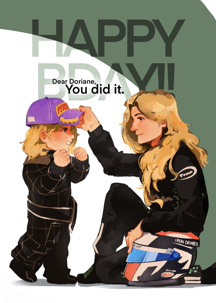 1girl, age_progression, baseball_cap, black_eyes, black_jumpsuit, blonde_hair, bogg_bons, commentary