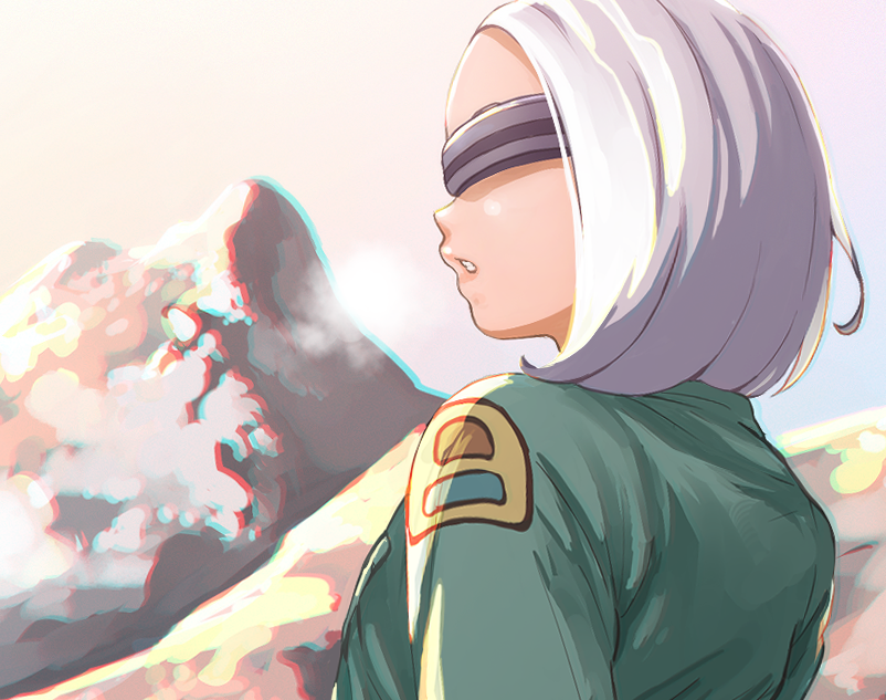 1girl, animification, breath, chromatic_aberration, commentary_request, from_side, green_jacket, grey_hair, head-mounted_display, jacket, kb_(star_wars), mosuke_2, parted_lips, science_fiction, short_hair, solo, star_wars, star_wars:_skeleton_crew