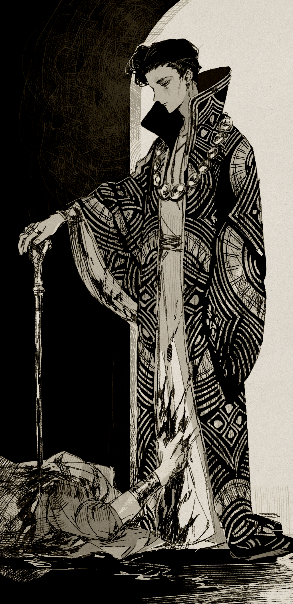 1boy, 1other, ateveryone, blood, blood_on_clothes, bracer, cane, cheekbones