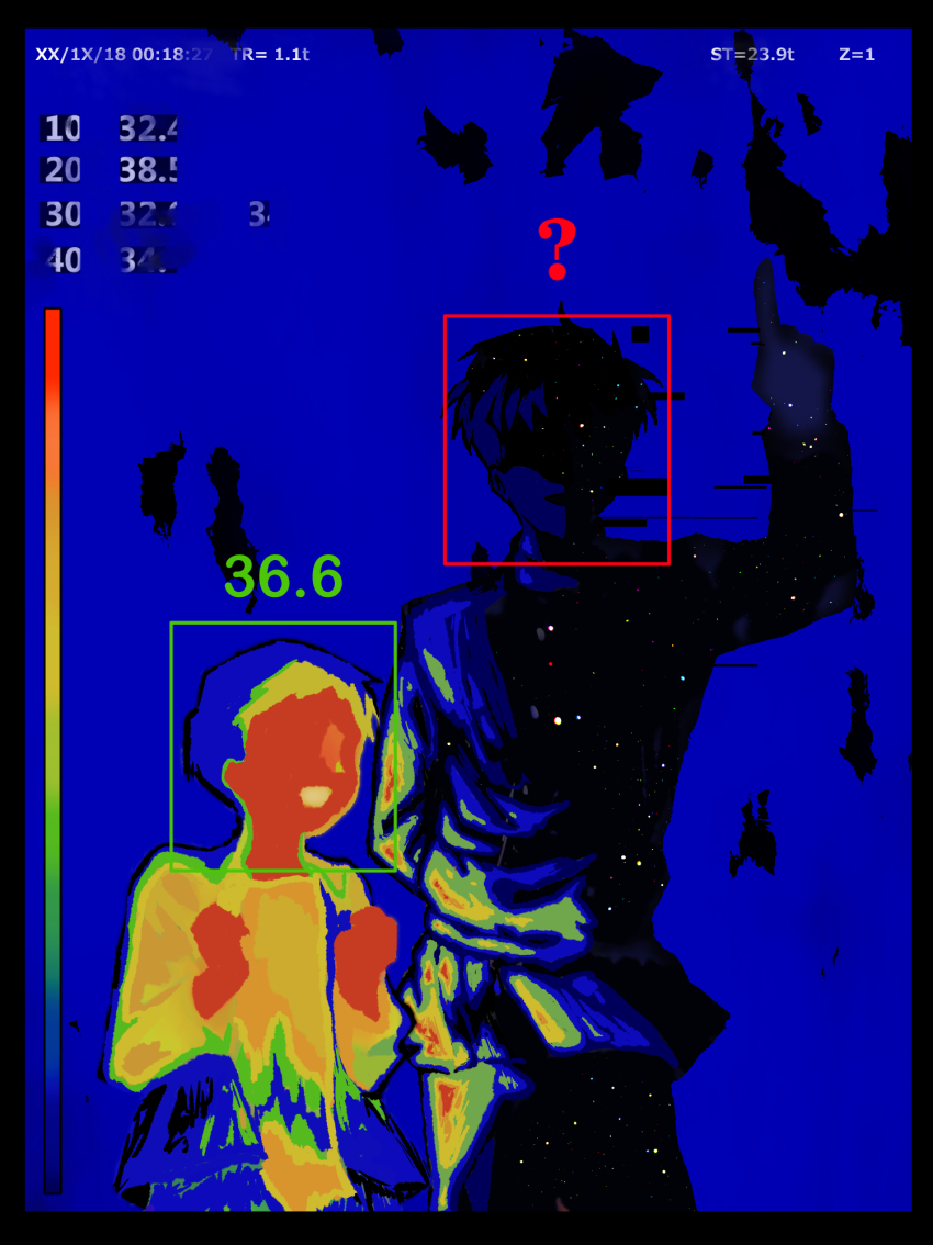 2boys, ?, albert_brudzewski_(chi.), belt, black_border, blue_background, border, chi.:_chikyuu_no_undou_ni_tsuite