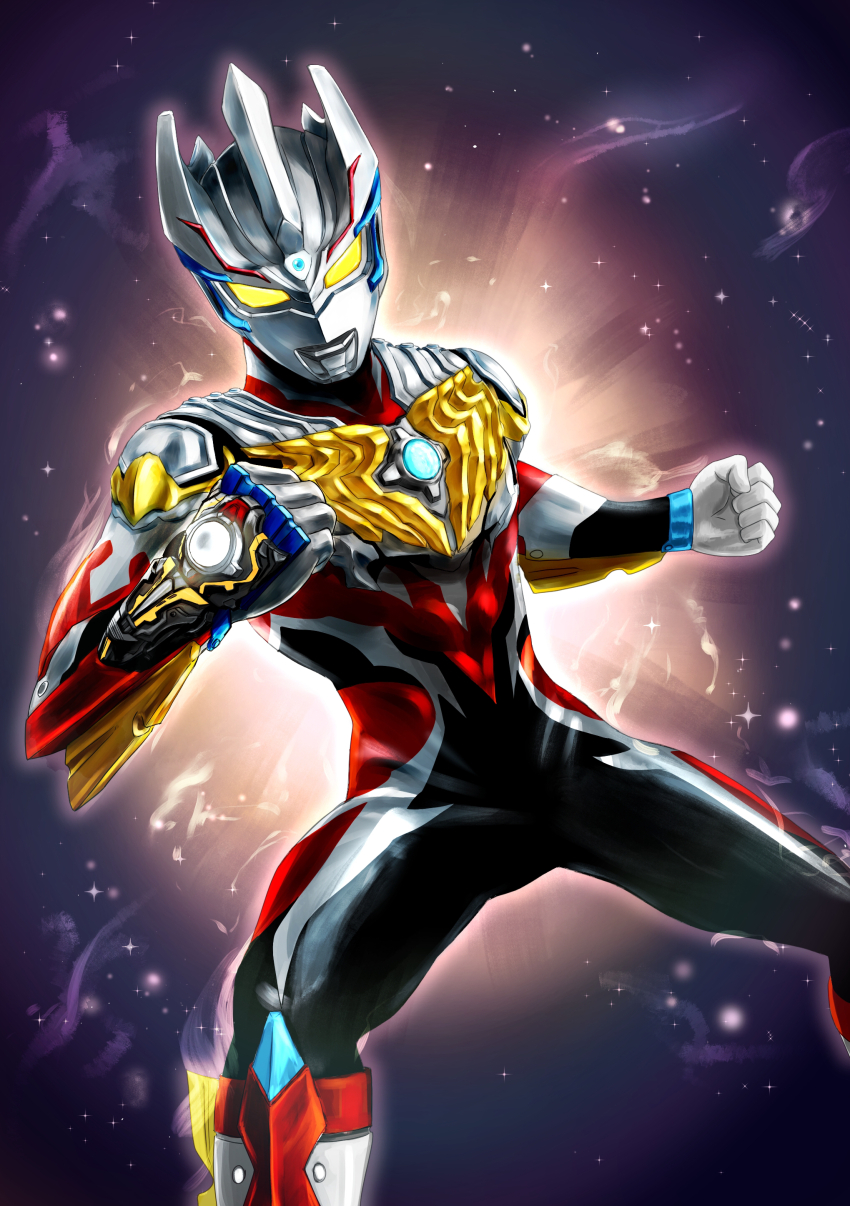 1boy, abs, absurdres, alien, armor, aura, black_skin, blue_gem