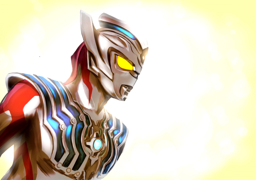 1boy, alien, armor, blue_gem, breastplate, color_timer, colored_skin, commentary, dorsal_fin, forehead_jewel, fukutaro01, gem, giant, giant_male, glowing, glowing_eyes, highres, looking_ahead, male_focus, multicolored_skin, no_pupils, pectorals, red_skin, silver_skin, solo, spine, tokusatsu, toned, toned_male, two-tone_skin, ultra_series, ultraman_taiga, ultraman_taiga_(series), upper_body, yellow_background, yellow_eyes
