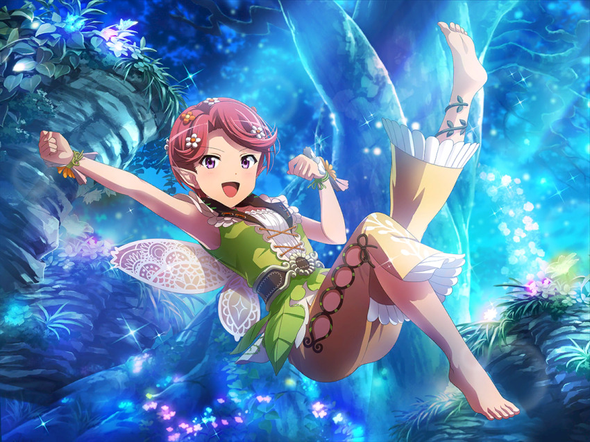 1girl, a_midsummer_night's_dream, arm_up, barefoot, brown_pants, clenched_hand, cosplay, fairy_wings