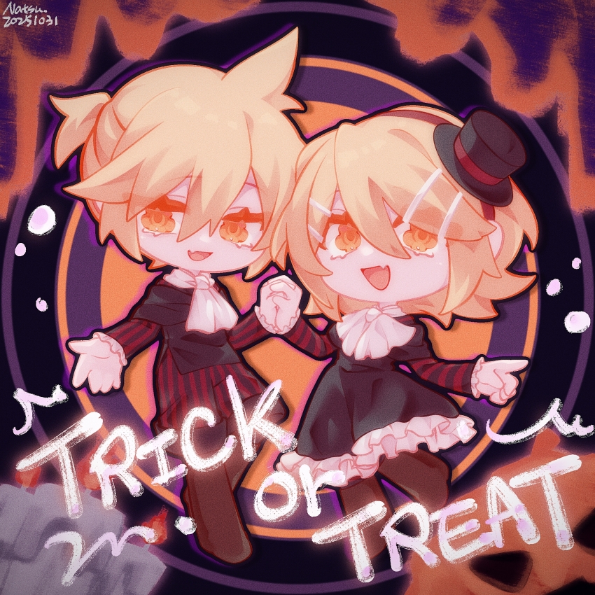 1boy, 1girl, ascot, blonde_hair, boots, chibi, chibi_only, chinese_commentary