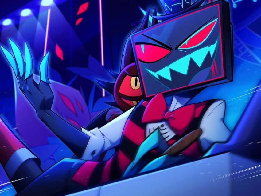 1boy, 1other, :d, blood, blood_from_mouth, blue_teeth, bow, bowtie