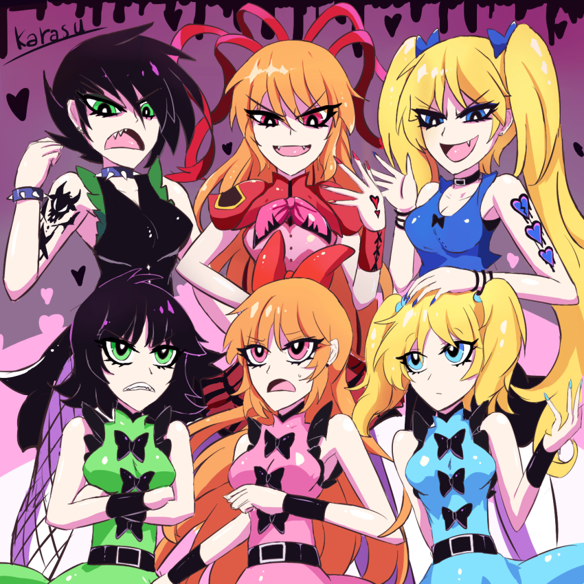 6+girls, animification, bare_shoulders, berserk_(ppg), black_hair, blonde_hair, blossom_(ppg), blue_eyes, brat_(ppg), brute_(ppg), bubbles_(ppg), buttercup_(ppg), dc_powerpuff_girls, highres, jewelry, kamonoh71376877, long_hair, long_ribbon, looking_at_viewer, multiple_girls, orange_hair, powerpuff_girls, powerpunk_girls, rowdyruff_boys, short_hair, smile, twintails