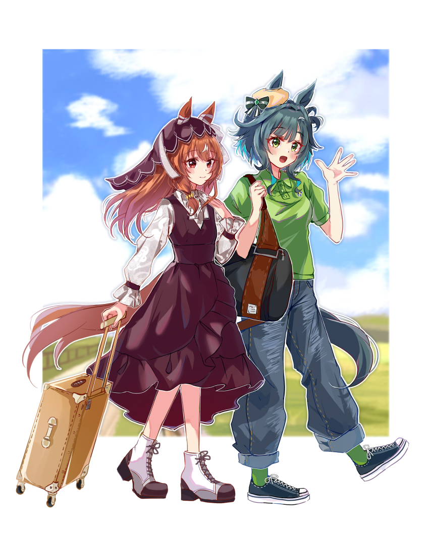 2girls, absurdres, bag, blurry, blurry_background, breasts, brown_hair, casual