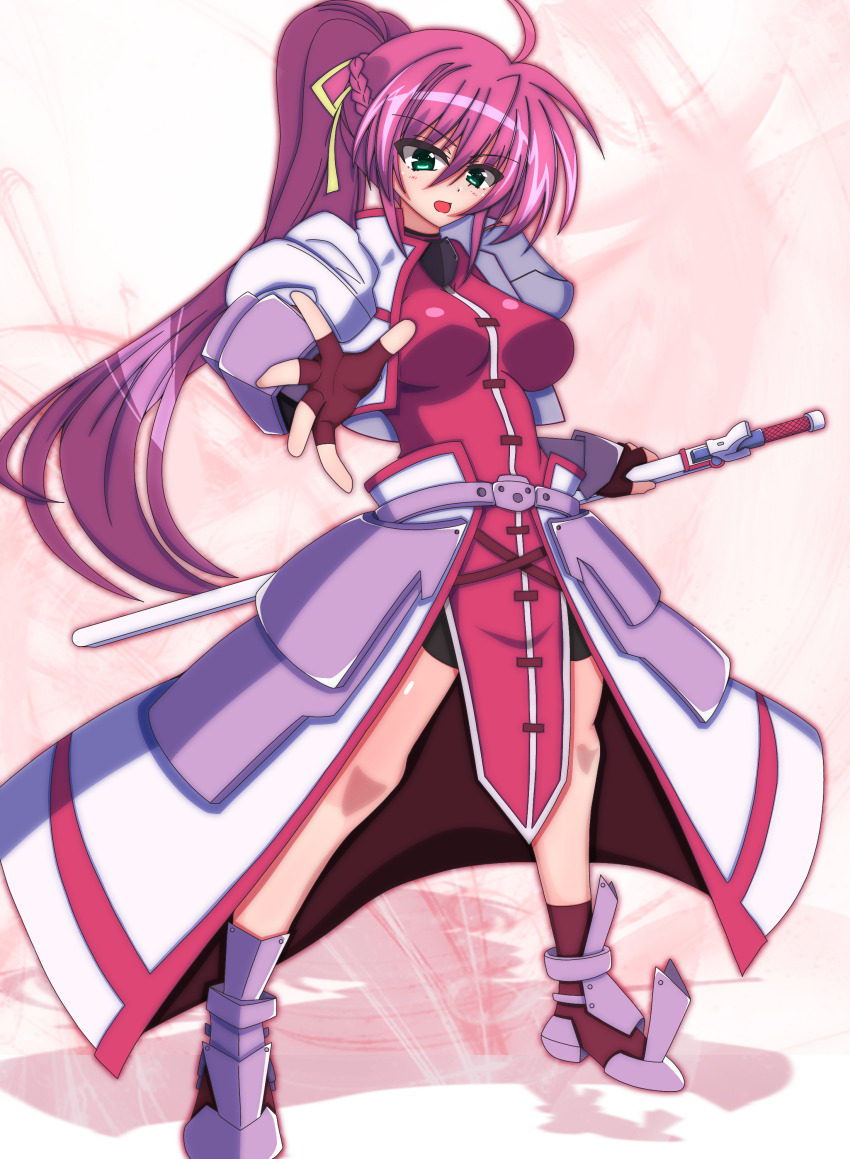 1girl, absurdres, ahoge, arm_guards, bike_shorts, breasts, cropped_jacket, fingerless_gloves, gloves, green_eyes, hair_between_eyes, hair_ribbon, high_ponytail, highres, holding, holding_sword, holding_weapon, laevatein_(nanoha), long_hair, looking_at_viewer, lyrical_nanoha, mahou_shoujo_lyrical_nanoha, mahou_shoujo_lyrical_nanoha_a's, medium_breasts, nago_(aj65743), open_mouth, pink_hair, ponytail, ribbon, short_sleeves, shorts, signum, simple_background, solo, standing, sword, very_long_hair, weapon