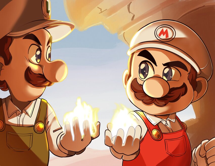 2boys, blue_eyes, brothers, brown_hair, carolinerdraws, facial_hair, fire_luigi, fire_mario