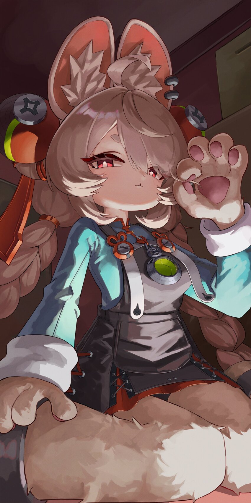 1girl, absurdres, ahoge, animal_ear_fluff, animal_ear_piercing, animal_ears, black_dress, braid