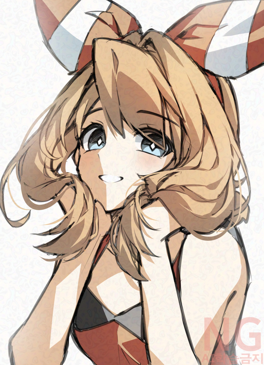1girl, adversarial_noise, blue_eyes, bow, brown_hair, cloudsmoothie, hair_between_eyes, hair_bow, hands_in_own_hair, highres, looking_at_viewer, may_(pokemon), nintendo, open_mouth, pokemon, pokemon_omega_ruby_and_alpha_sapphire, red_bow, red_shirt, shirt, short_sleeves, sleeveless, sleeveless_shirt, smile, solo, upper_body, watermark, white_background