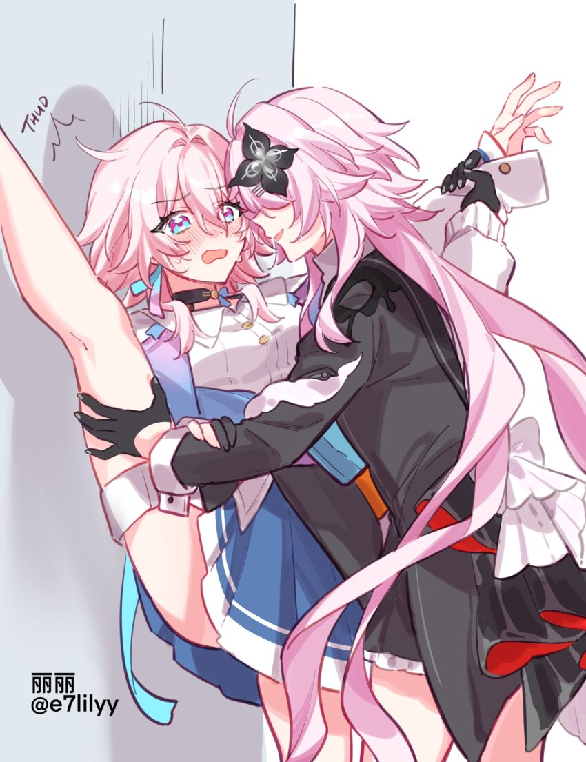 ..., 2girls, against_wall, alkalilyy, artist_name, black_dress, black_gloves, blue_dress