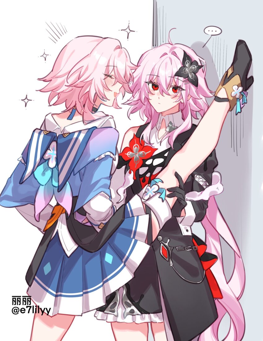 ..., 2girls, ^_^, ahoge, alkalilyy, artist_name, black_dress, black_gloves