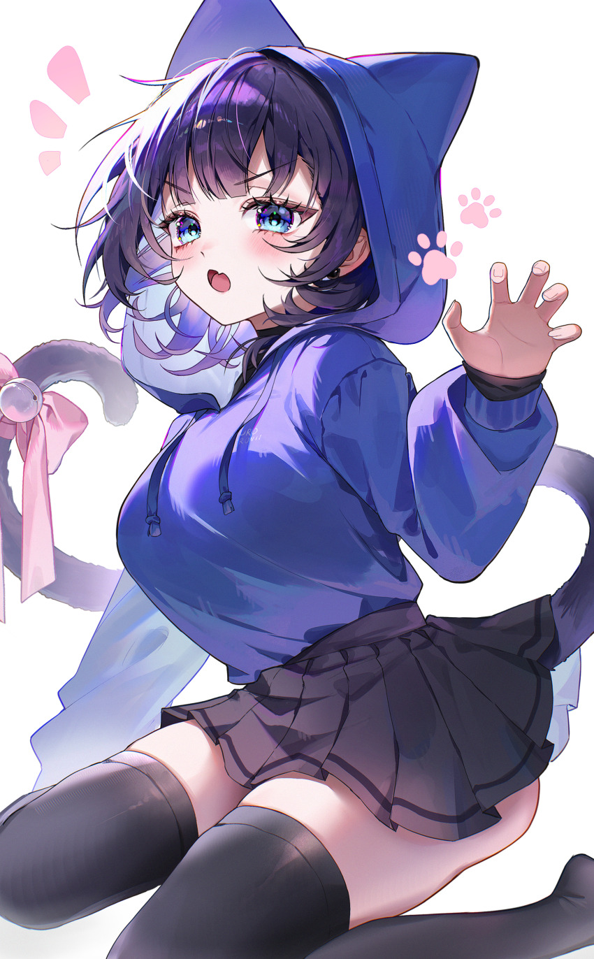 1girl, absurdres, animal_ears, animal_hood, black_hair, black_skirt, black_thighhighs, blue_eyes, blue_hair, blue_hoodie, bow, breasts, cat_ears, cat_girl, cat_hood, cat_tail, claw_pose, colored_inner_hair, commentary, damoong, fang, hand_up, highres, hololive, hololive_english, hood, hood_up, hoodie, hoodie_tucked_in, large_breasts, long_sleeves, looking_at_viewer, miniskirt, multicolored_hair, no_shoes, open_mouth, ouro_kronii, pleated_skirt, puffy_long_sleeves, puffy_sleeves, short_hair, simple_background, sitting, skin_fang, skirt, solo, tail, tail_bow, tail_ornament, thighhighs, virtual_youtuber, wariza, white_background