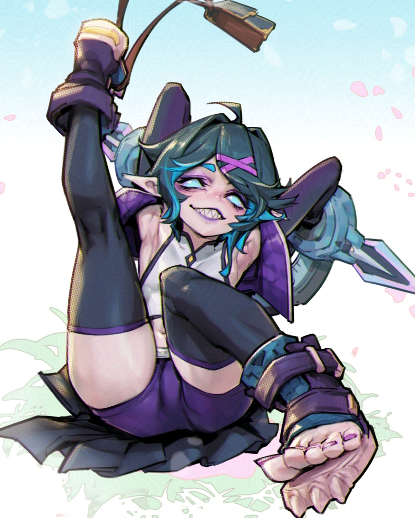 1girl, absurdres, armpits, arms_behind_back, battle_academia_briar, black_hair, black_thighhighs, boots, briar_(league_of_legends), flat_chest, grey_eyes, grin, highres, league_of_legends, leg_up, multicolored_hair, official_alternate_costume, open-toe_boots, phantom_cross, pink_hair, purple_shorts, sharp_teeth, shirt, shoes, shorts, smile, solo, teeth, thighhighs, two-tone_hair, white_shirt