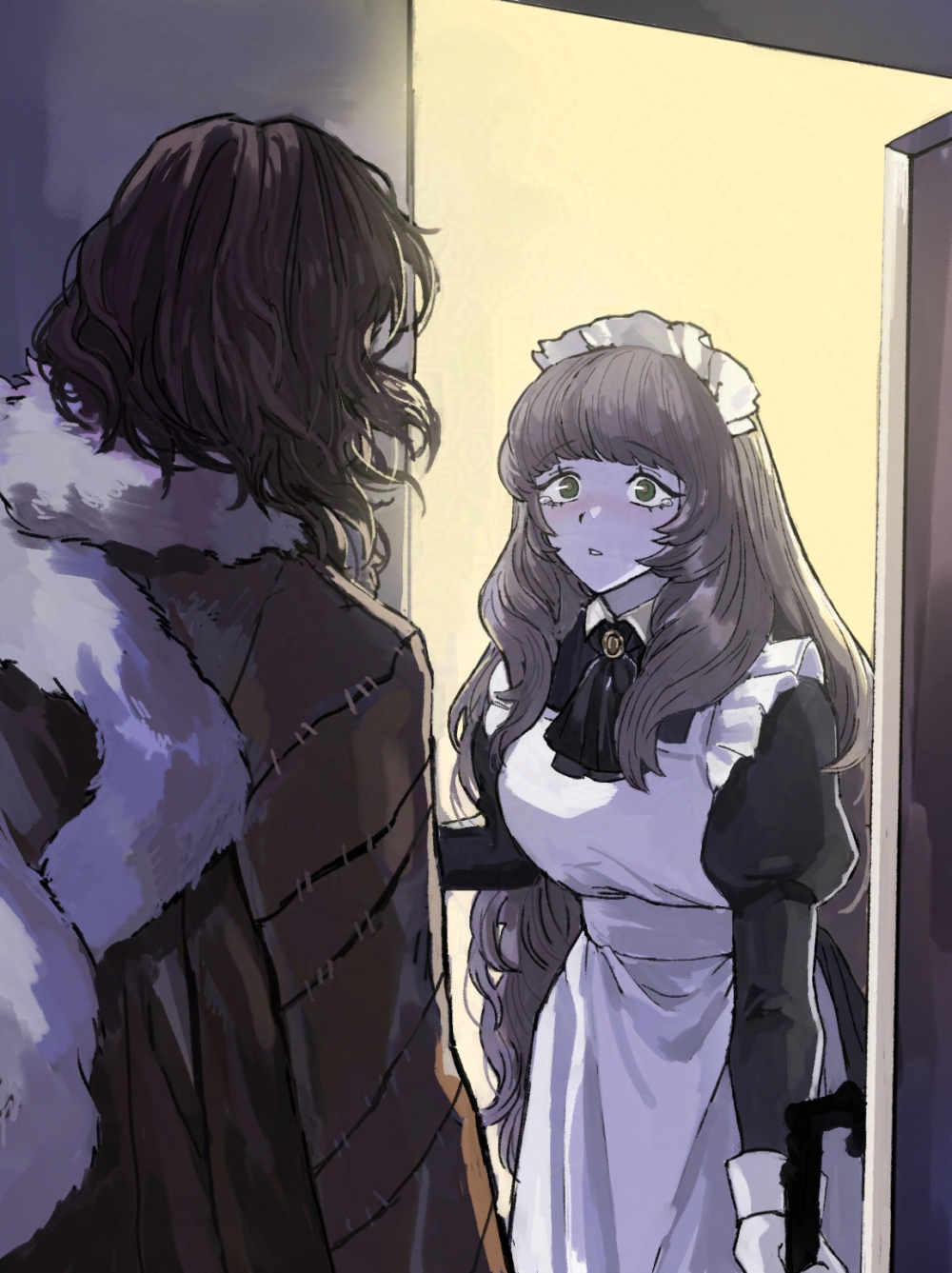 1boy, 1girl, apron, ascot, black_ascot, black_dress, brooch, brown_coat