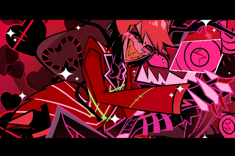 2boys, alastor_(hazbin_hotel), alternate_costume, animal_ears, annoyed, black_bow, black_bowtie, bow