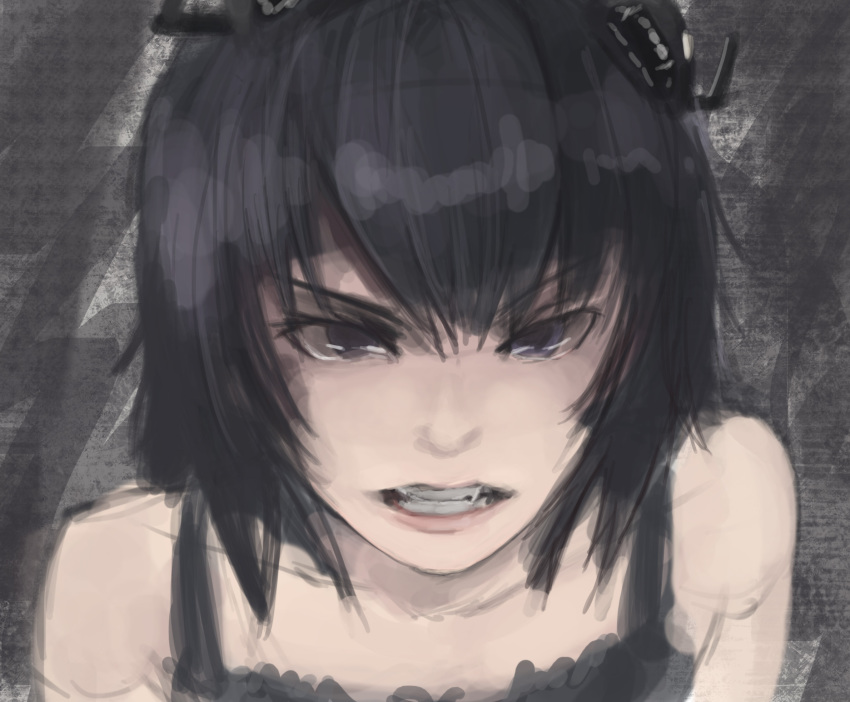 1girl, angry, bare_shoulders, black_hair, camisole, clenched_teeth, collarbone, creature