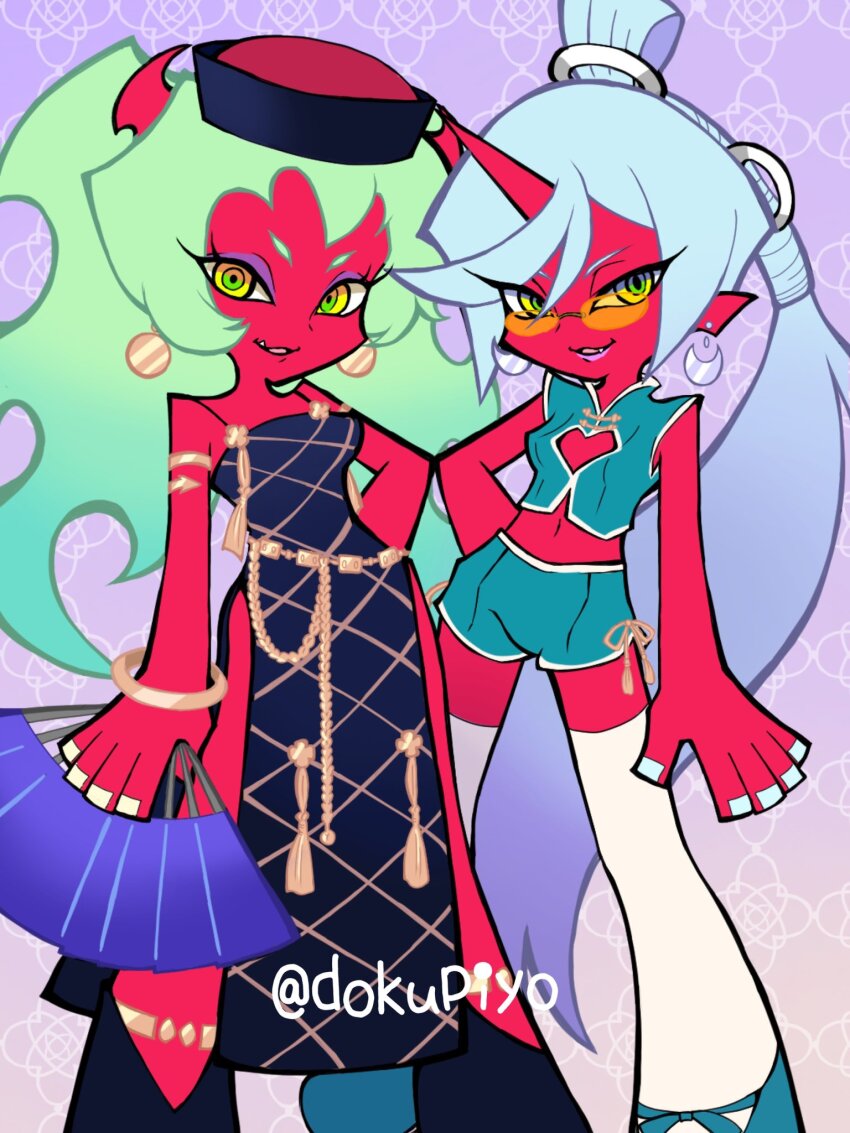 2girls, blue_hair, chinese_clothes, colored_skin, demon_girl, demon_horns, dokupiyoart, green_eyes