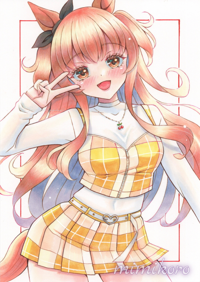 1girl, absurdres, animal_ears, belt, blush, bow, breasts, brown_ribbon