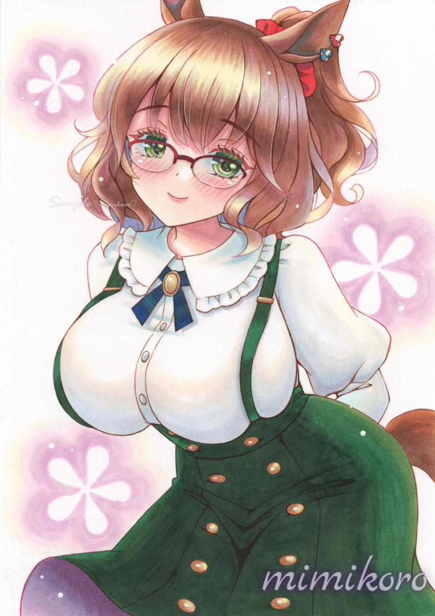 1girl, absurdres, animal_ears, aston_machan_(casual)_(umamusume), aston_machan_(umamusume), blush, breasts, brown_hair, casual, closed_mouth, commentary_request, glasses, green_eyes, green_skirt, hair_ornament, hair_scrunchie, highres, horse_ears, horse_girl, horse_tail, large_breasts, long_sleeves, looking_at_viewer, medium_hair, mimikuro, one_side_up, over-rim_eyewear, red-framed_eyewear, red_scrunchie, scrunchie, semi-rimless_eyewear, shirt, skirt, smile, solo, suspender_skirt, suspenders, tail, traditional_media, umamusume, white_shirt
