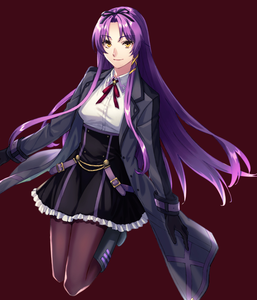 1girl, black_gloves, black_ribbon, black_thighhighs, bow, coat, dress, eiyuu_densetsu, gloves, hair_bow, hair_ribbon, highres, kneeling, kuro_no_kiseki, kuro_no_kiseki_(series), kuro_no_kiseki_ii, lll15u18, long_sidelocks, long_sleeves, looking_at_viewer, open_clothes, open_coat, pantyhose, parted_bangs, purple_hair, red_background, red_cross_tie, renne_(eiyuu_densetsu), ribbon, sidelocks, simple_background, smile, solo, thighhighs, two_side_up, yellow_eyes, yellow_ribbon