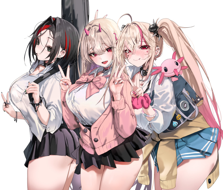 3girls, absurdres, bag, black_hair, black_skirt, blue_skirt, blush, bow