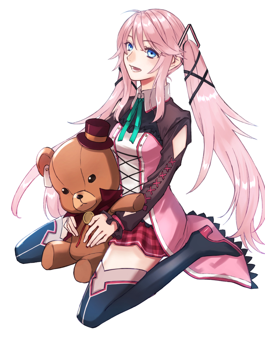 1girl, ahoge, black_thighhighs, blue_eyes, bolo_tie, breasts, double-parted_bangs, eiyuu_densetsu