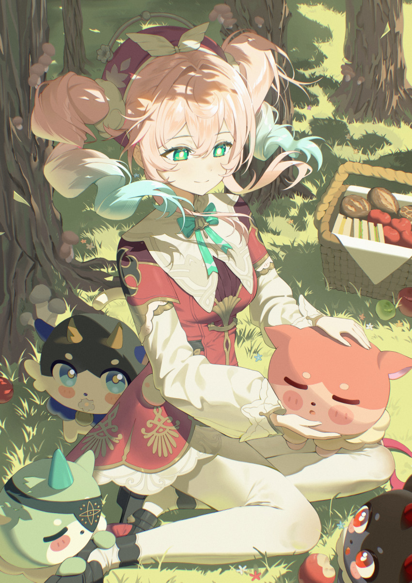 1girl, anaxa_(honkai:_star_rail), anaxa_(nanus)_(honkai:_star_rail), apple, aqua_bow, aqua_bowtie, aqua_hair, black_shoes