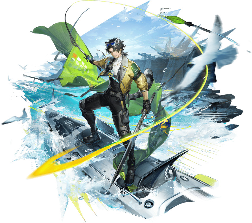 1boy, aircraft, airplane, alesh_(arknights), animal_ears, arknights, arknights:_endfield, bird