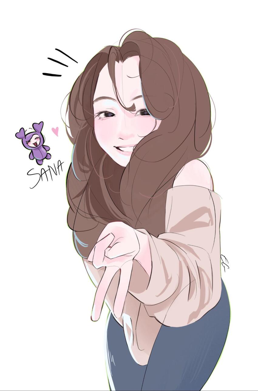 1girl, black_eyes, blush, brown_hair, brown_shirt, character_name, commentary, english_commentary