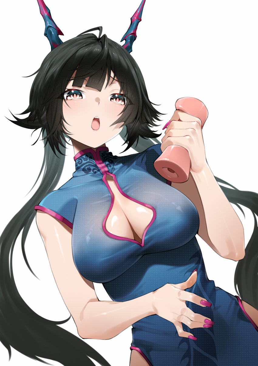 1girl, absurdres, alternate_costume, arknights, arknights:_endfield, black_hair, blue_dress, blue_horns