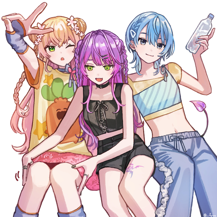 3girls, ;d, alternate_costume, belt_collar, black_shorts, black_tank_top, blonde_hair, blue_hair