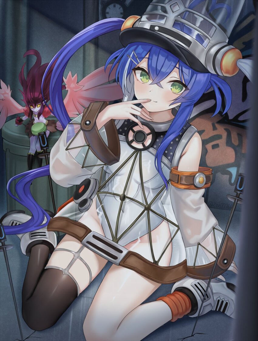 2girls, black_thighhighs, blue_hair, blush, bra, breasts, character_request, clock