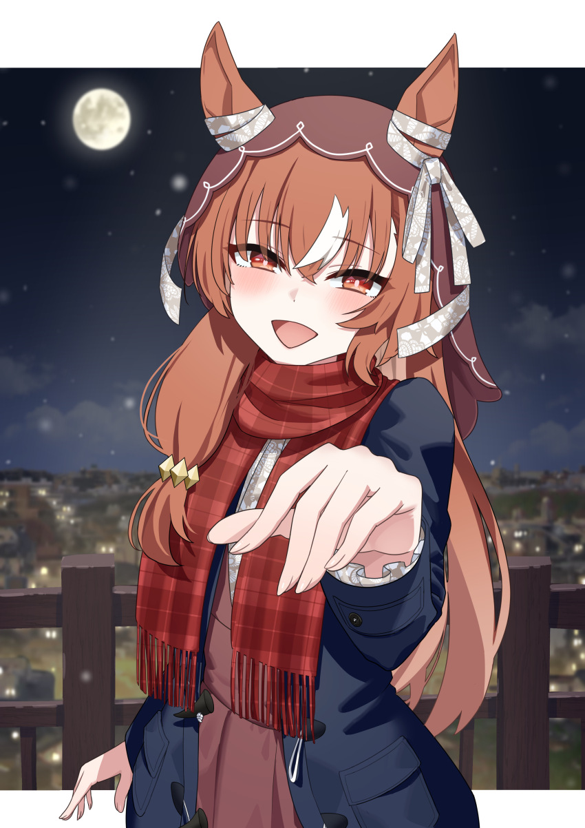 1girl, absurdres, animal_ears, blue_jacket, blush, bow, brown_dress, brown_hair