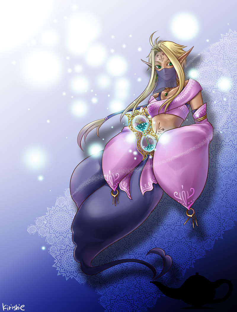 1girl, blonde_hair, breasts, dark-skinned_female, dark_skin, detached_sleeves, elf, forehead_tattoo, genie, green_eyes, long_hair, mask, midriff, navel, original, pointy_ears, retrozia, small_breasts, tattoo, veil