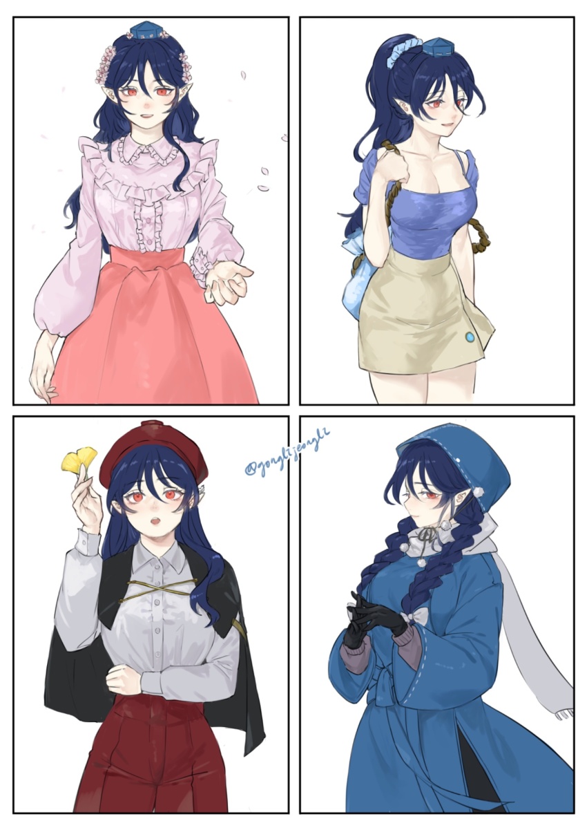 1girl, alternate_costume, alternate_hairstyle, arm_across_waist, arm_up, bag, beret, black_capelet
