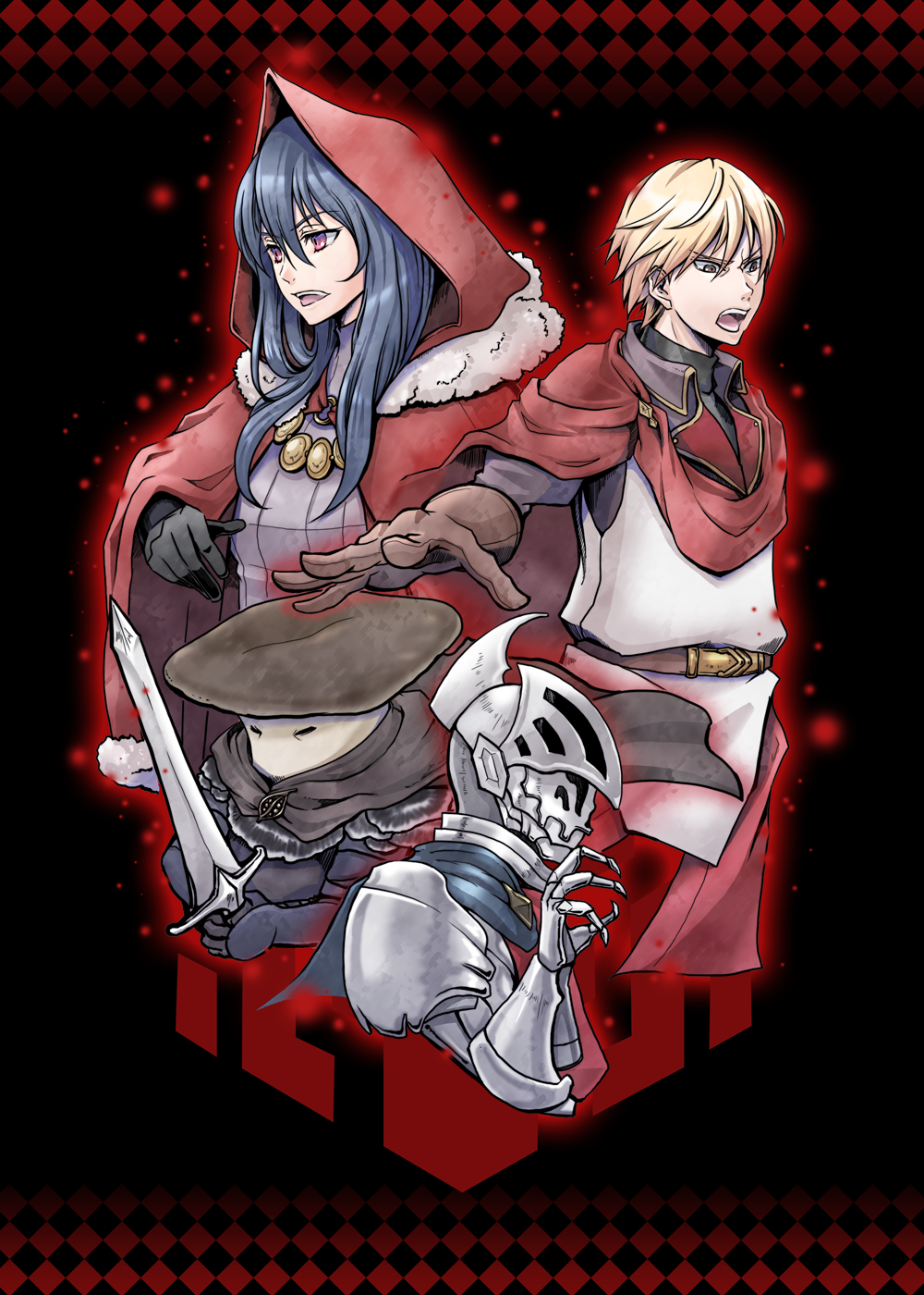 1girl, 3boys, armor, arthur_knight_of_the_dense_woodland, belt, black_background, black_gloves, blonde_hair, brown_cape, brown_gloves, cape, dwight_the_king_of_steel, dylan_the_island_king, fur_trim, gauntlets, gloves, hair_between_eyes, helmet, highres, holding, holding_sword, holding_weapon, leslie_the_moon_queen, multiple_boys, mushroom_boy, pixiv_fantasia, pixiv_fantasia_last_saga, red_cape, red_eyes, red_hood, retrozia, sword, weapon