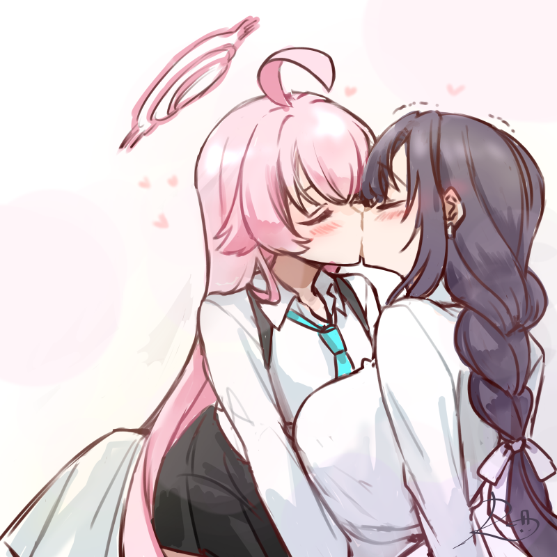 2girls, ahoge, black_hair, black_skirt, blue_archive, blue_necktie, blush, breasts